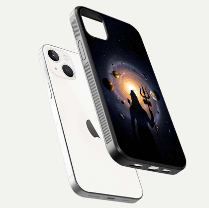 Galactic Shiva Vision Glass Case for iPhone 14 Plus floating dual-view mockup displaying vibrant cosmic colors and smooth gloss texture