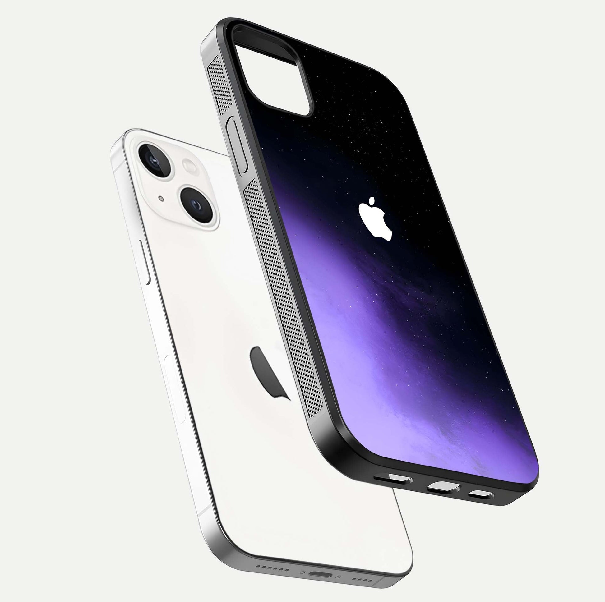 Galaxy Apple Aura Glass Case for iPhone 14 Plus floating dual-view mockup highlighting HD gloss and deep space color blend