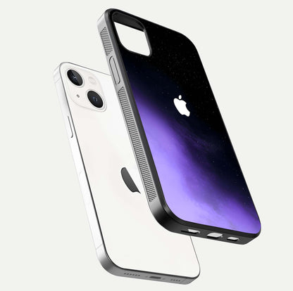 Galaxy Apple Aura Glass Case for iPhone 14 Plus floating dual-view mockup highlighting HD gloss and deep space color blend