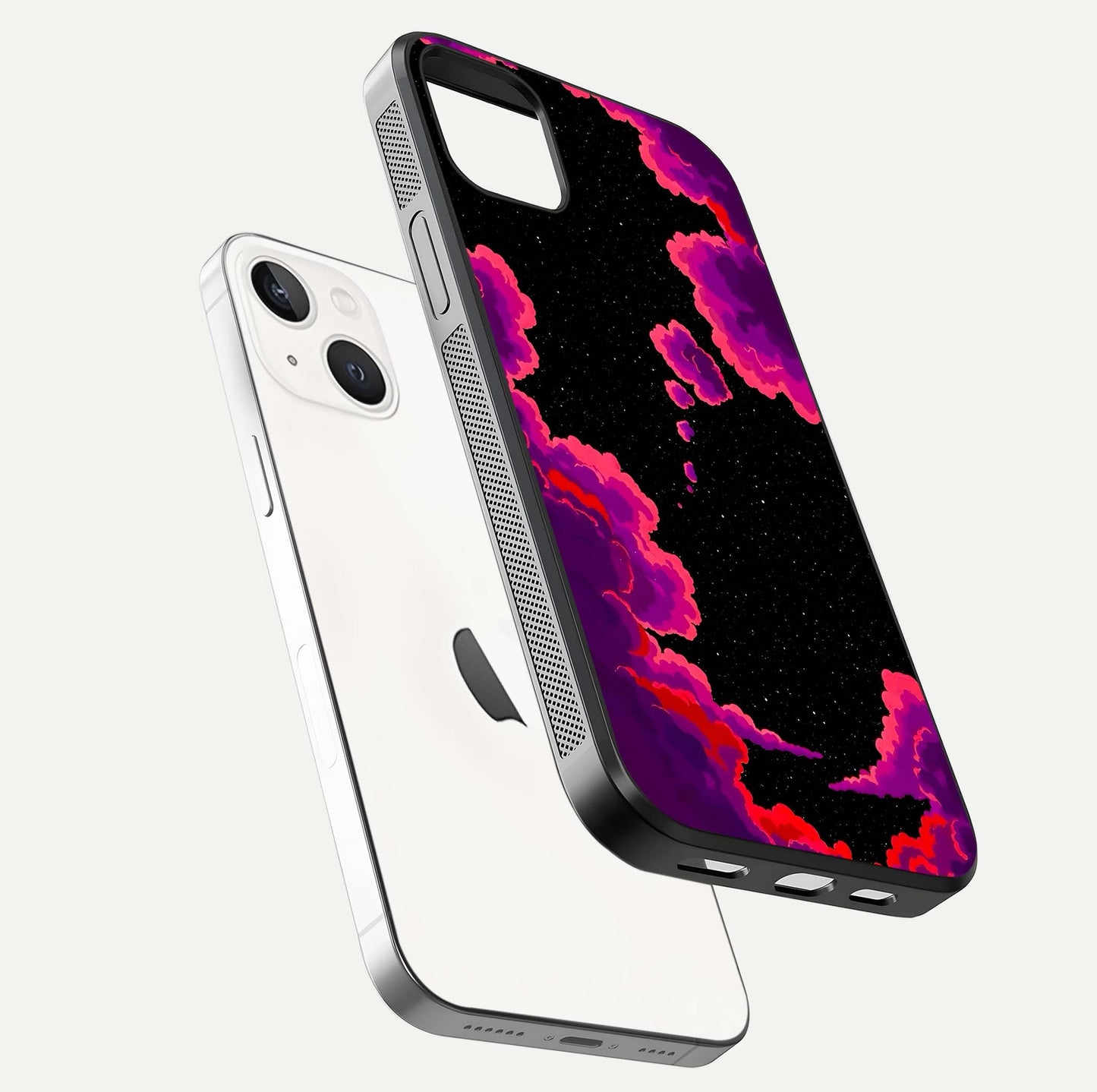 Galaxy Dream Frame Glass Case for iPhone 14 Plus floating dual-view mockup showing vibrant gloss and space-themed tones