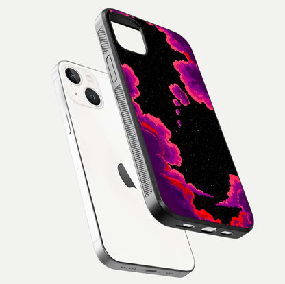 Galaxy Dream Frame Glass Case for iPhone 14 Plus floating dual-view mockup showing vibrant gloss and space-themed tones