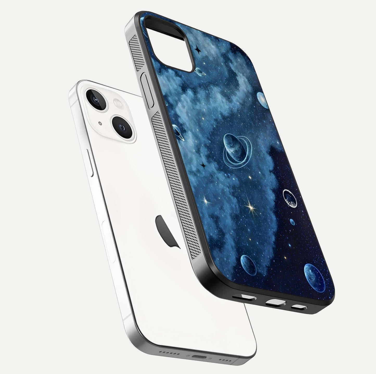 Galaxy Dream Space Glass Case for iPhone 14 Plus floating dual-view mockup showing glossy finish and celestial depth