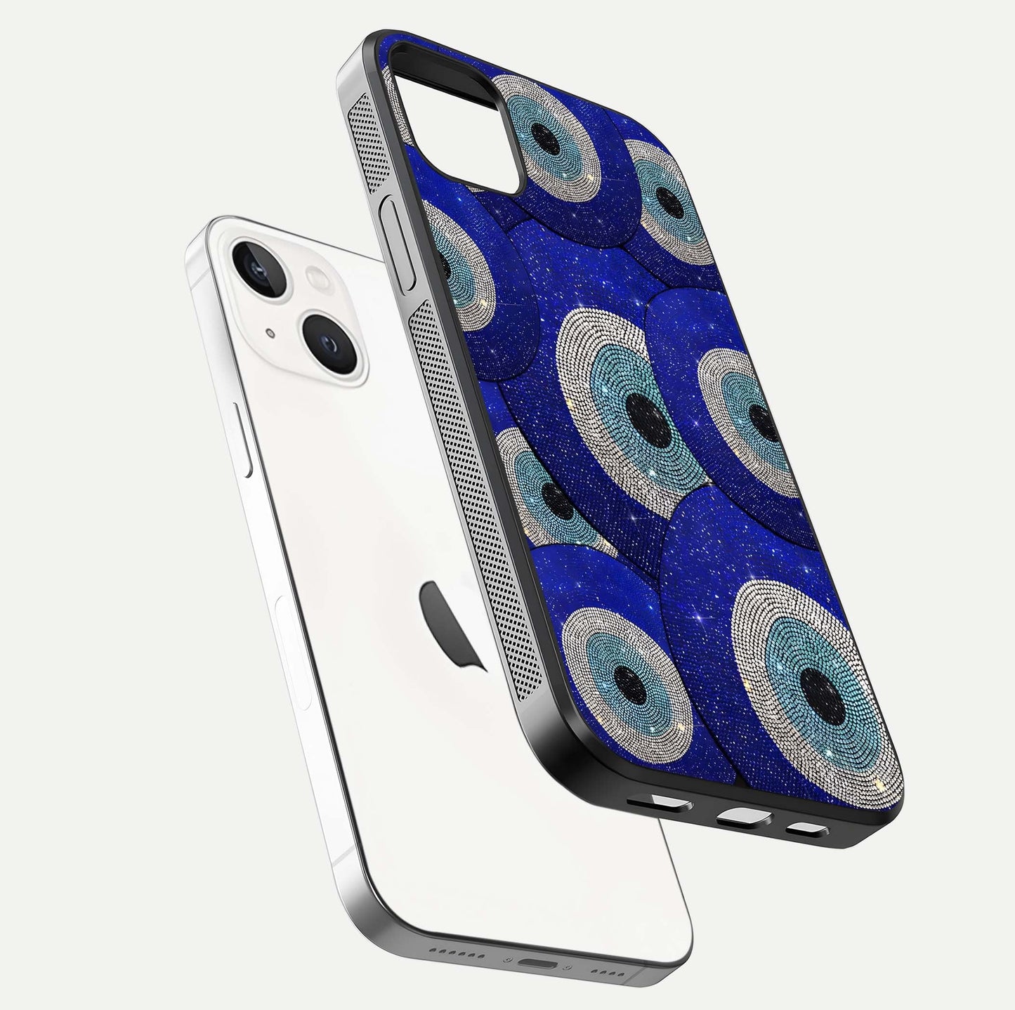 Galaxy Eye Flow Glass Case for iPhone 14 Plus floating dual-view mockup showing gloss polish and glowing tones
