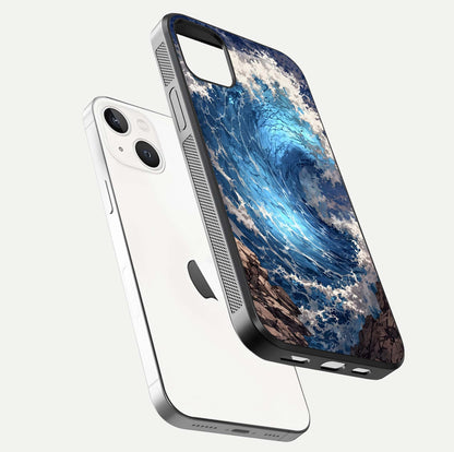 Giant Ocean Wave Glass Case for iPhone 14 Plus floating dual-view mockup showing glossy depth and aquatic blue gradient