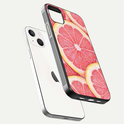 Glitter Grapefruit Glass Case for iPhone 14 Plus floating dual-view mockup showing HD gloss and fresh color detail