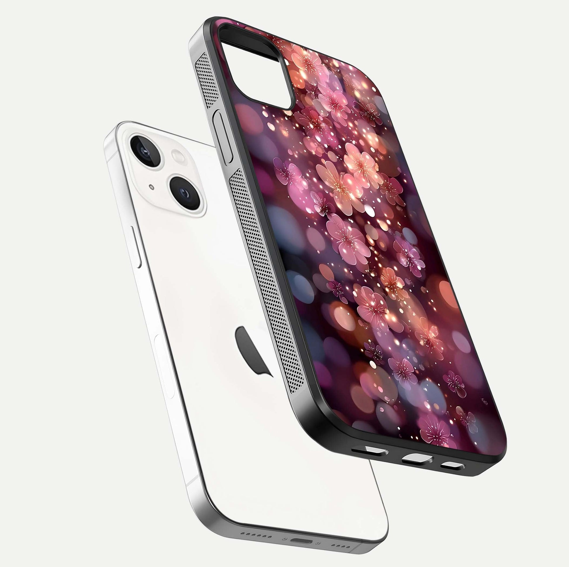 Glowing Petal Bliss Glass Case for iPhone 14 Plus floating dual-view mockup showing gloss brightness and delicate tone