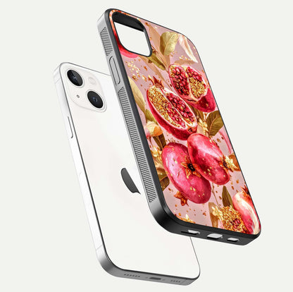 Golden Bloom Glow Glass Case for iPhone 14 Plus floating dual-view mockup showing glossy shine and golden shimmer