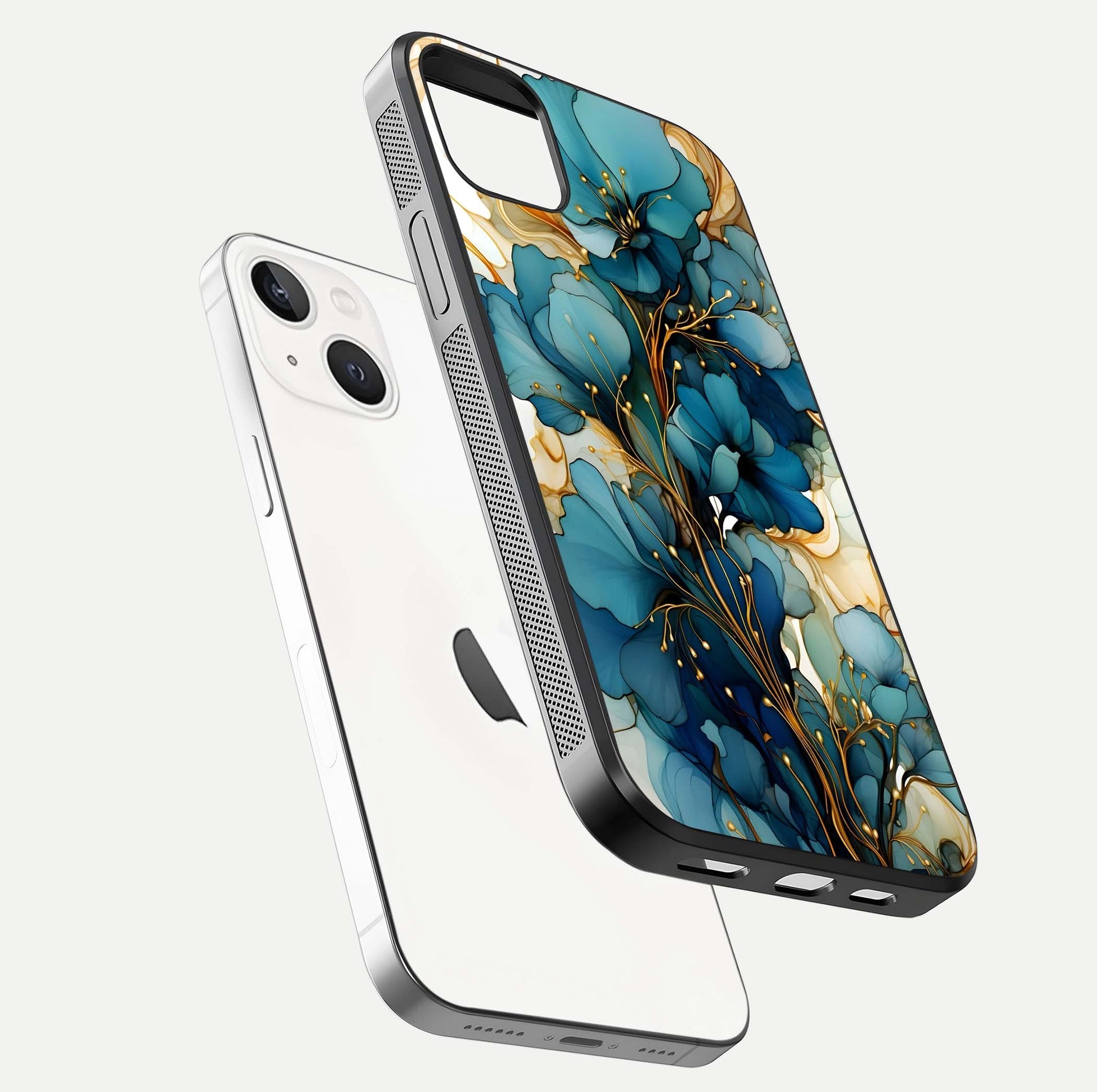 Golden Bloom Symphony Glass Case for iPhone 14 Plus floating dual-view mockup displaying shine texture and luxury pattern