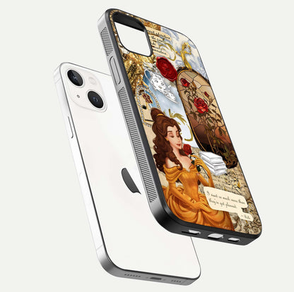 Golden Dream Belle Glass Case for iPhone 14 Plus floating dual-view mockup highlighting gloss texture and elegant shimmer