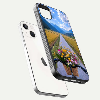 Golden Field Journey Glass Case for iPhone 14 Plus floating dual-view mockup showing gloss surface and field depth