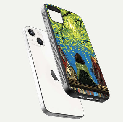 Golden Leaves Glow Glass Case for iPhone 14 Plus floating dual-view mockup showing gloss depth and gold-leaf detail