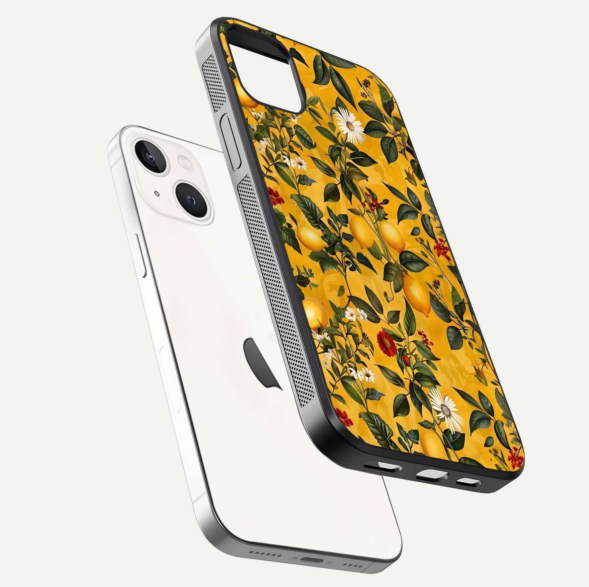 Golden Lemon Field Glass Case for iPhone 14 Plus floating dual-view mockup showing gloss shine and yellow-gold palette