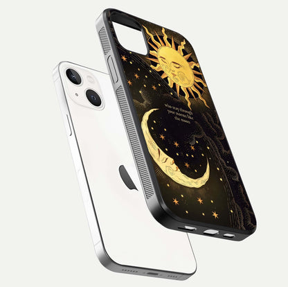 Golden Lunar Love Glass Case for iPhone 14 Plus floating dual-view mockup showing glossy glow and romantic theme