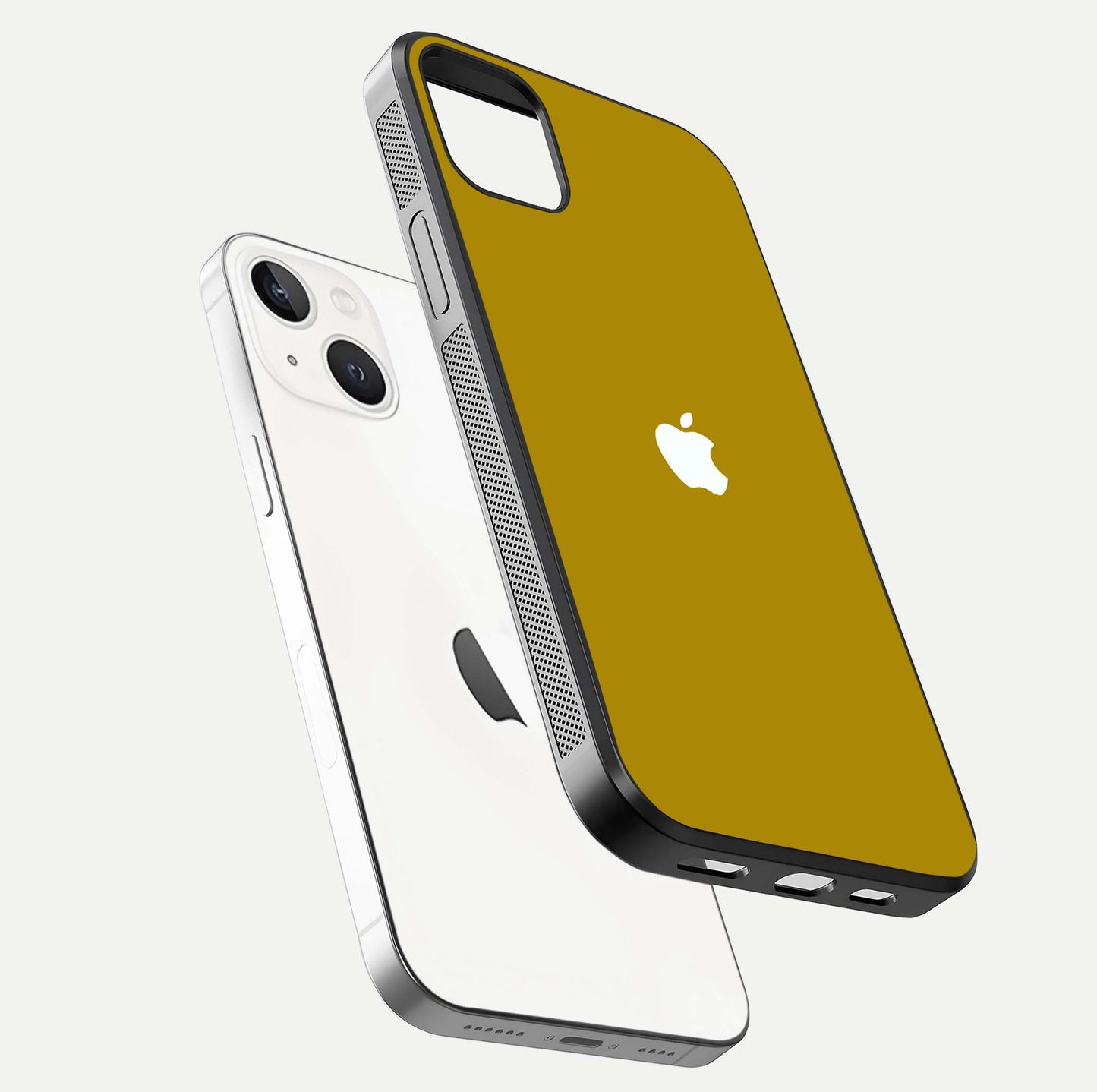 Golden Luxe Aura Glass Case for iPhone 14 Plus floating dual-view mockup showing glossy texture and elegant gold gradient