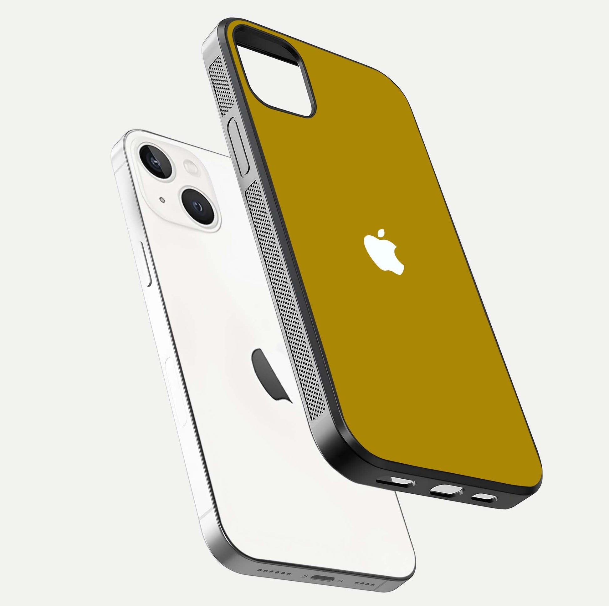 Golden Luxe Aura Glass Case for iPhone 14 Plus floating dual-view mockup showing glossy texture and elegant gold gradient