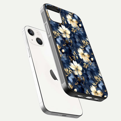 Golden Midnight Bloom Glass Case for iPhone 14 Plus floating dual-view mockup showing gloss polish and metallic reflection