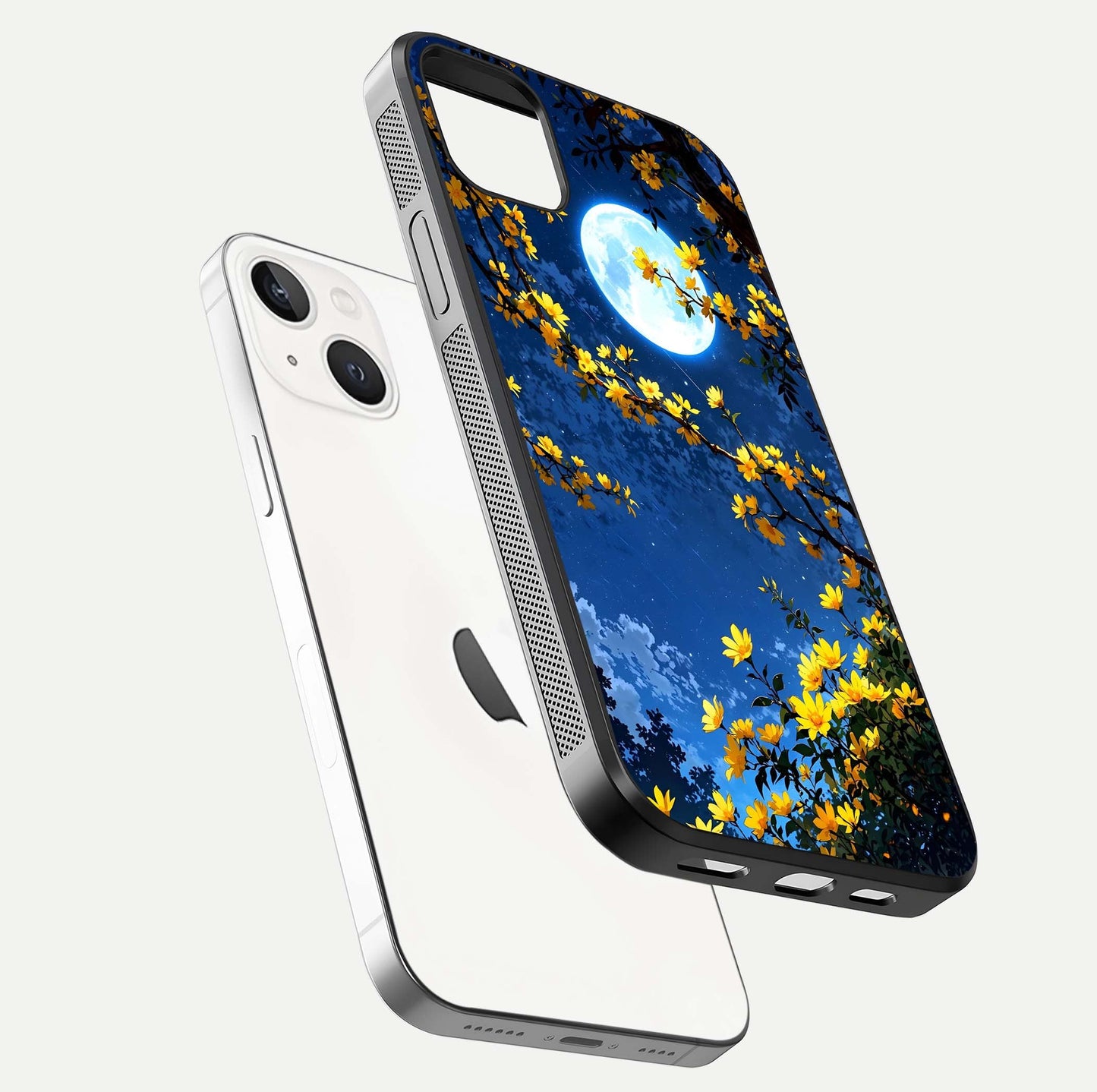 Golden Night Glow Glass Case for iPhone 14 Plus floating dual-view mockup showing gloss polish and luxury shine