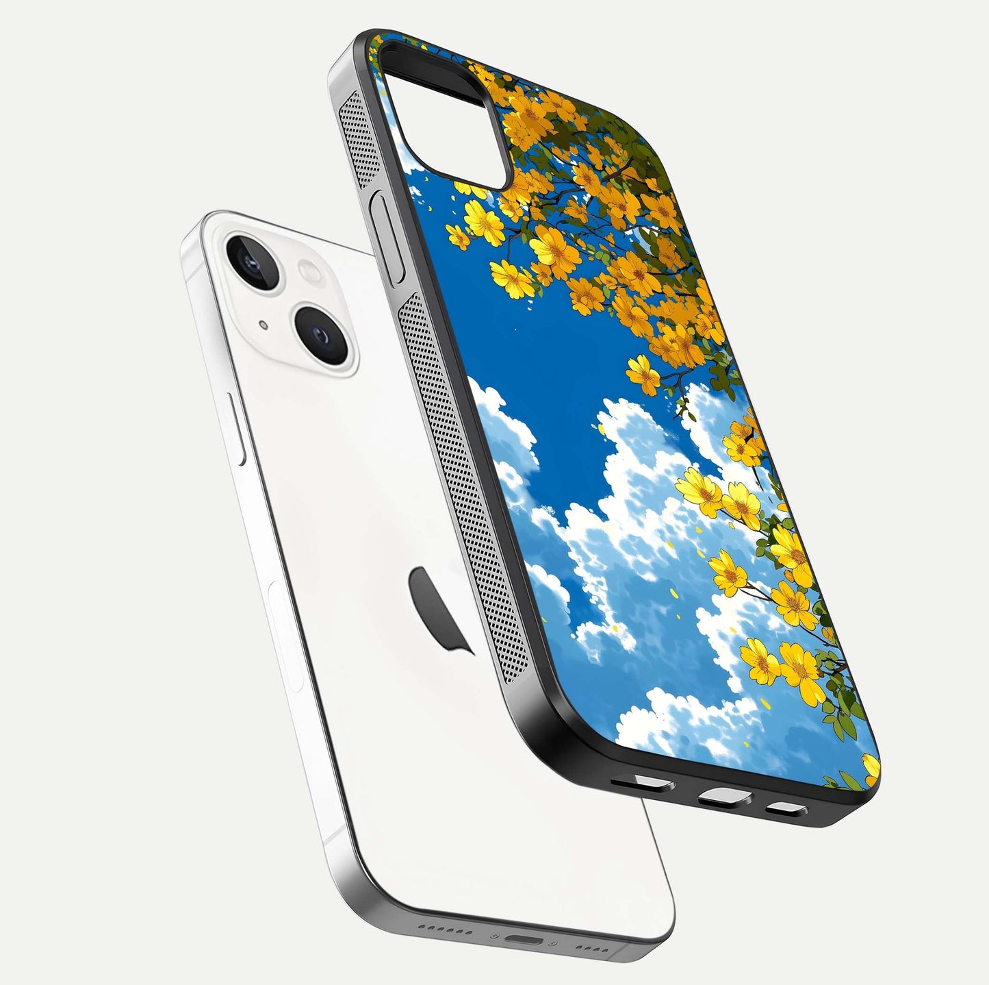 Golden Petal Sky Glass Case for iPhone 14 Plus floating dual-view mockup showing gloss brilliance and gold detail