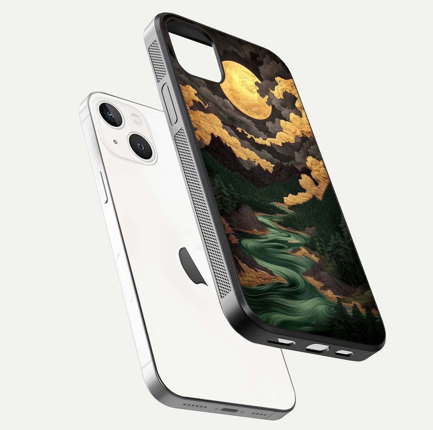 Golden River Moon Glass Case for iPhone 14 Plus floating dual-view mockup showing gloss surface and luxury tone