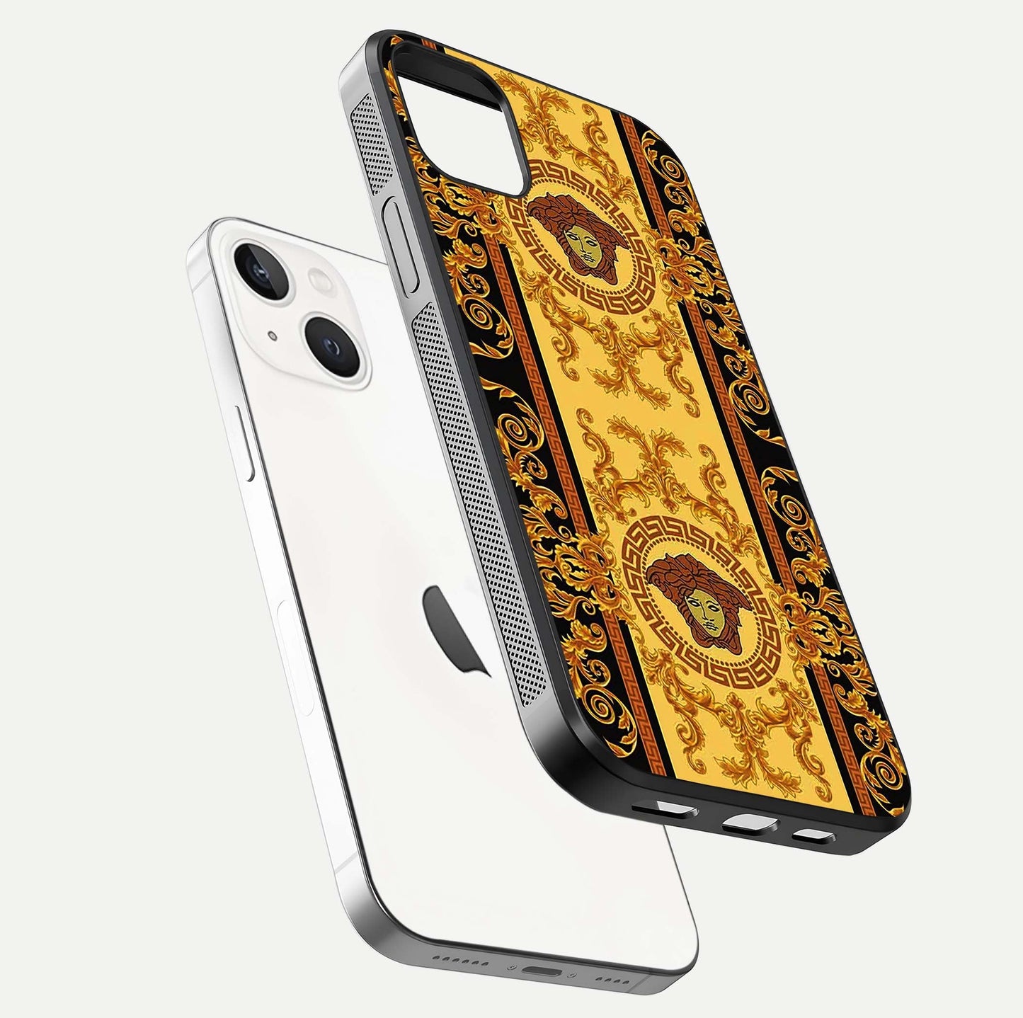 Golden Royal Heritage Glass Case for iPhone 14 Plus floating dual-view mockup showing glossy surface and rich regal tone