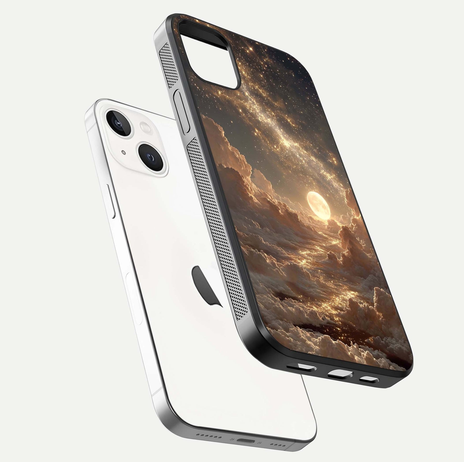 Golden Sky Dream Glass Case for iPhone 14 Plus floating dual-view mockup showing gloss depth and elegant finish