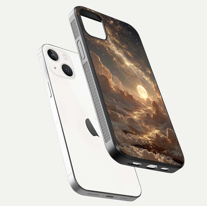 Golden Sky Dream Glass Case for iPhone 14 Plus floating dual-view mockup showing gloss depth and elegant finish