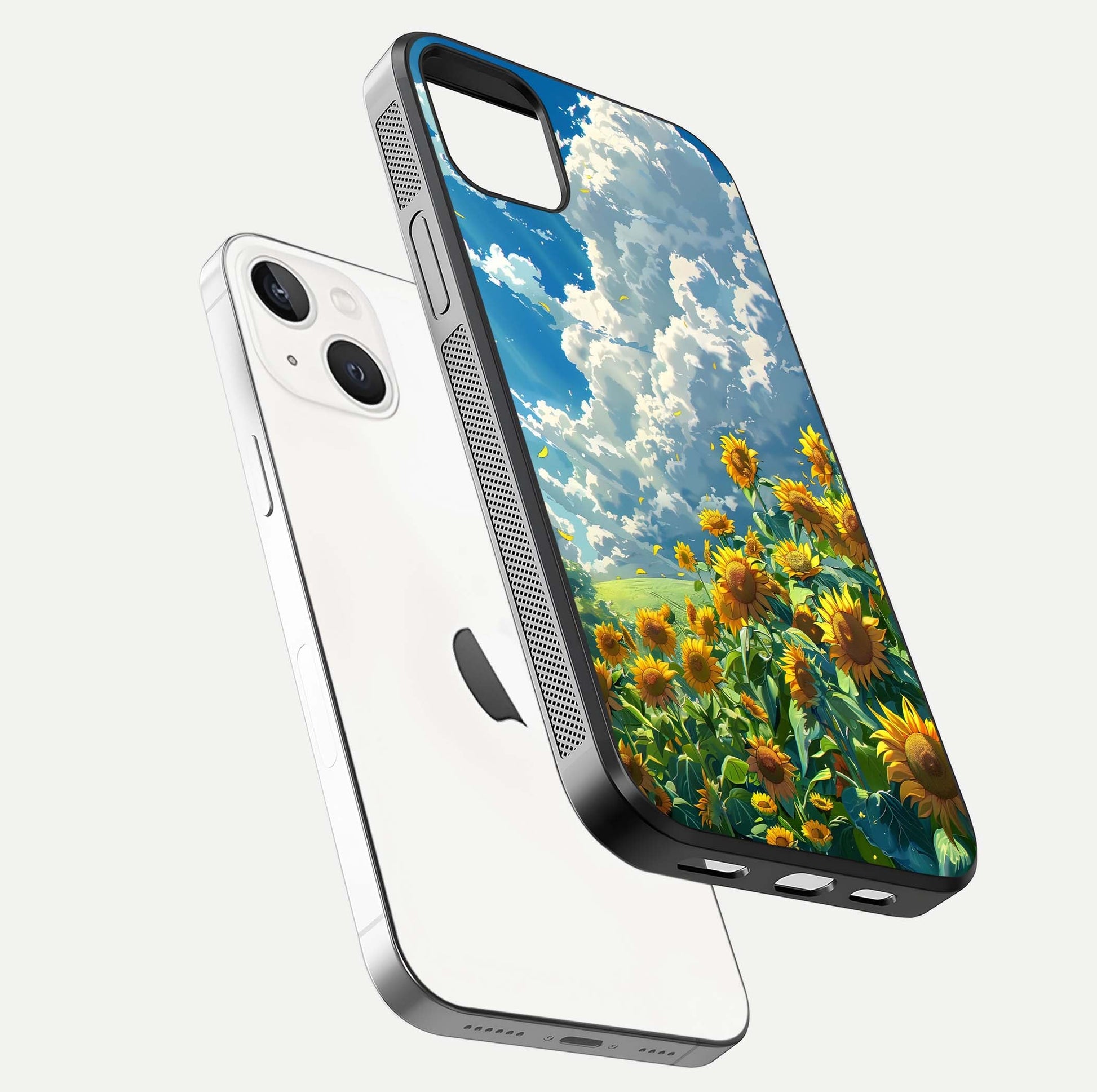 Golden Sun Glory Glass Case for iPhone 14 Plus floating dual-view mockup showing gloss shine and premium surface