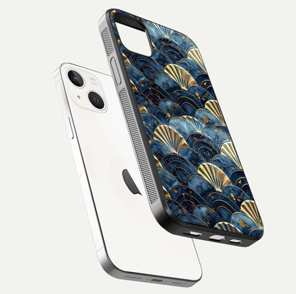 Golden Wave Luxe Glass Case for iPhone 14 Plus floating dual-view mockup showing gloss surface and shimmering tones