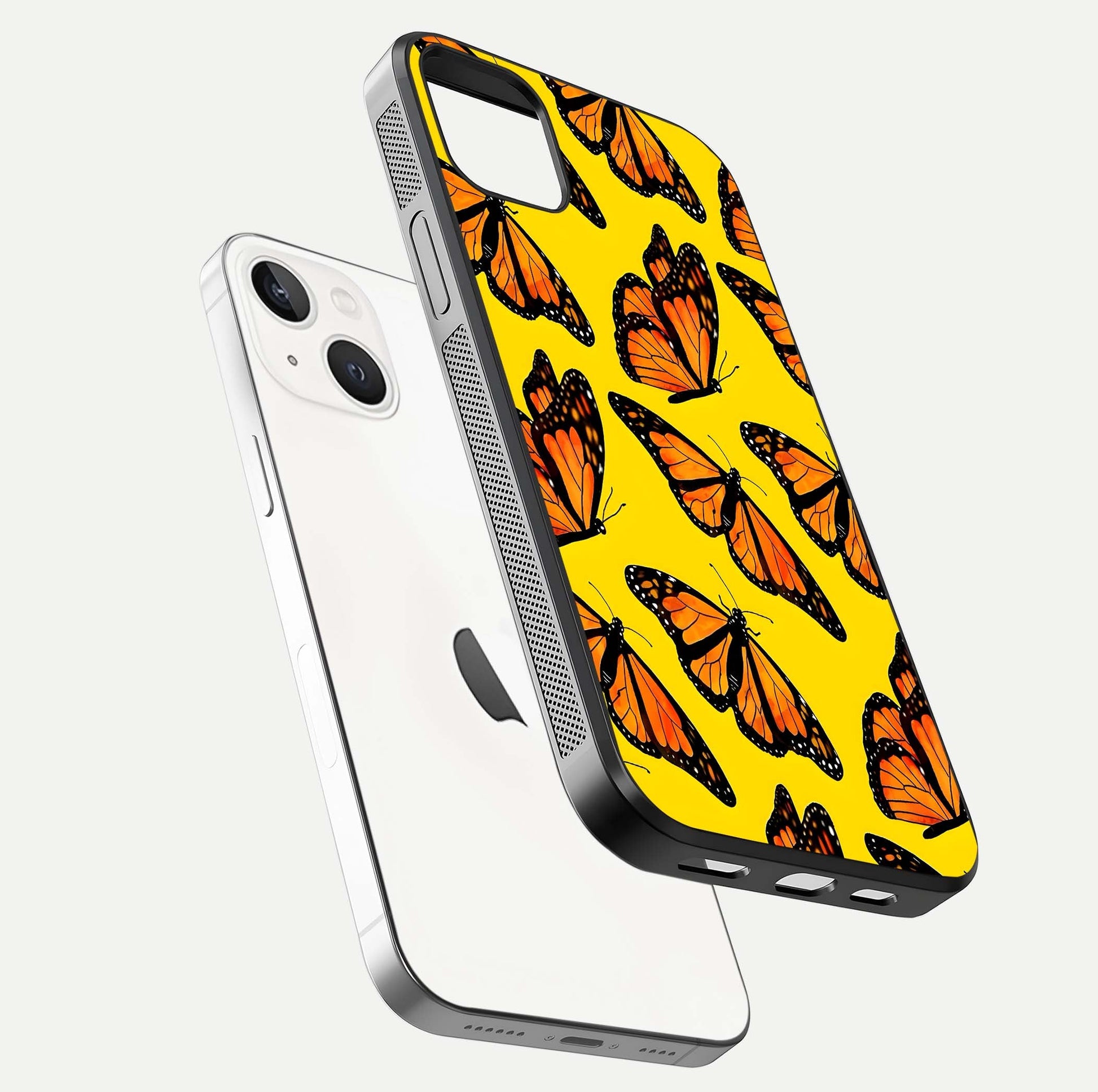 Golden Wing Flight Glass Case for iPhone 14 Plus floating dual-view mockup showing gloss reflection and luxury tone