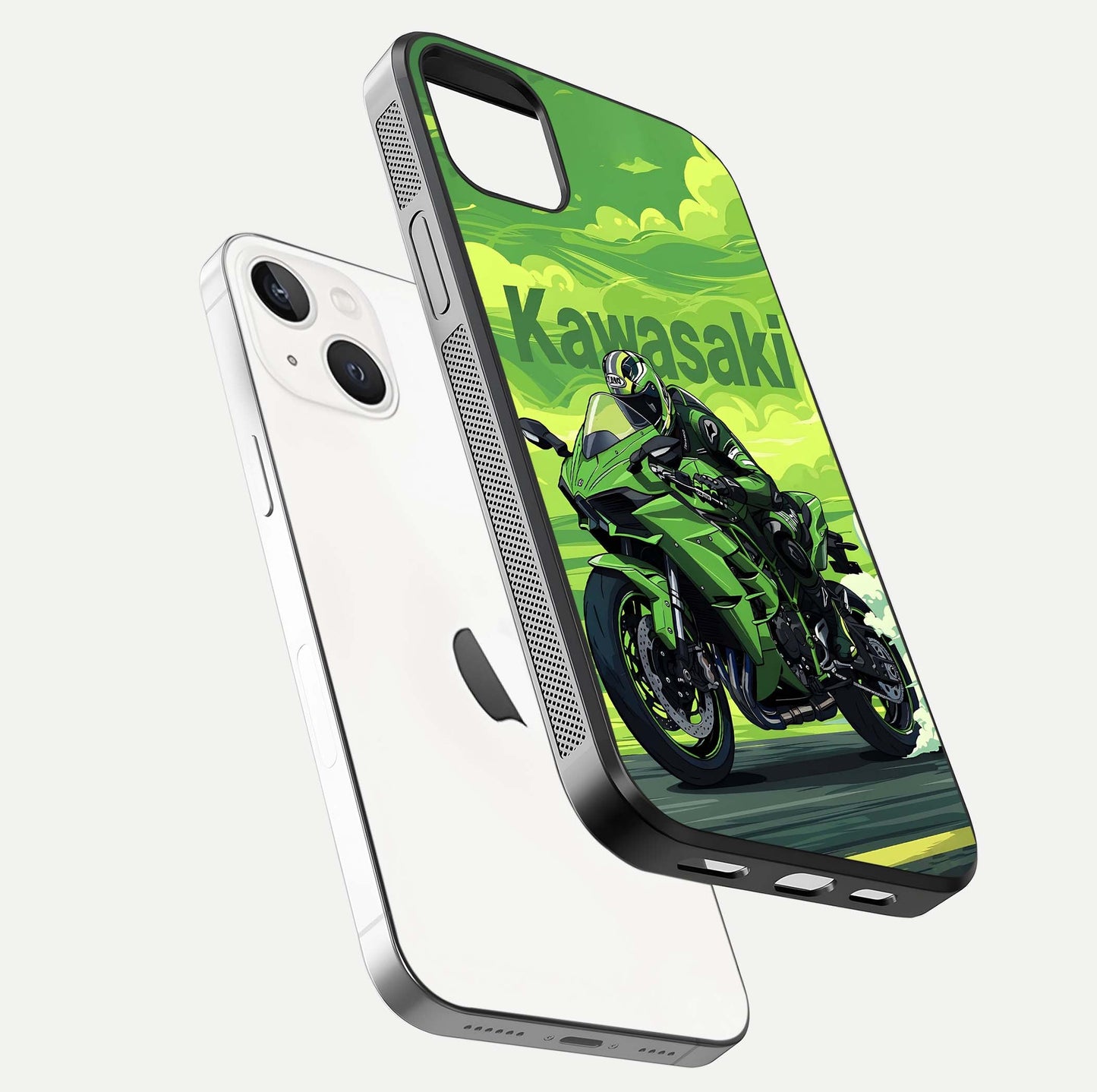 Green Kawasaki Glass Case for iPhone 14 Plus floating dual-view mockup showing gloss surface and power-bike theme