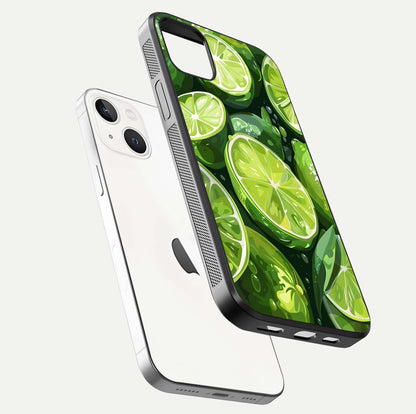 Green Lemon Glass Case for iPhone 14 Plus floating dual-view mockup showing glossy surface and fruity freshness