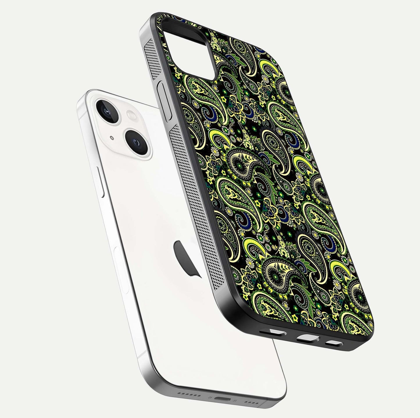 Green Mandala Pattern Glass Case for iPhone 14 Plus floating dual-view mockup showing gloss texture and symmetry shine