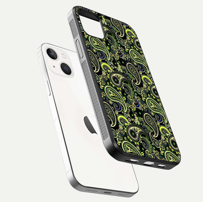 Green Mandala Pattern Glass Case for iPhone 14 Plus floating dual-view mockup showing gloss texture and symmetry shine