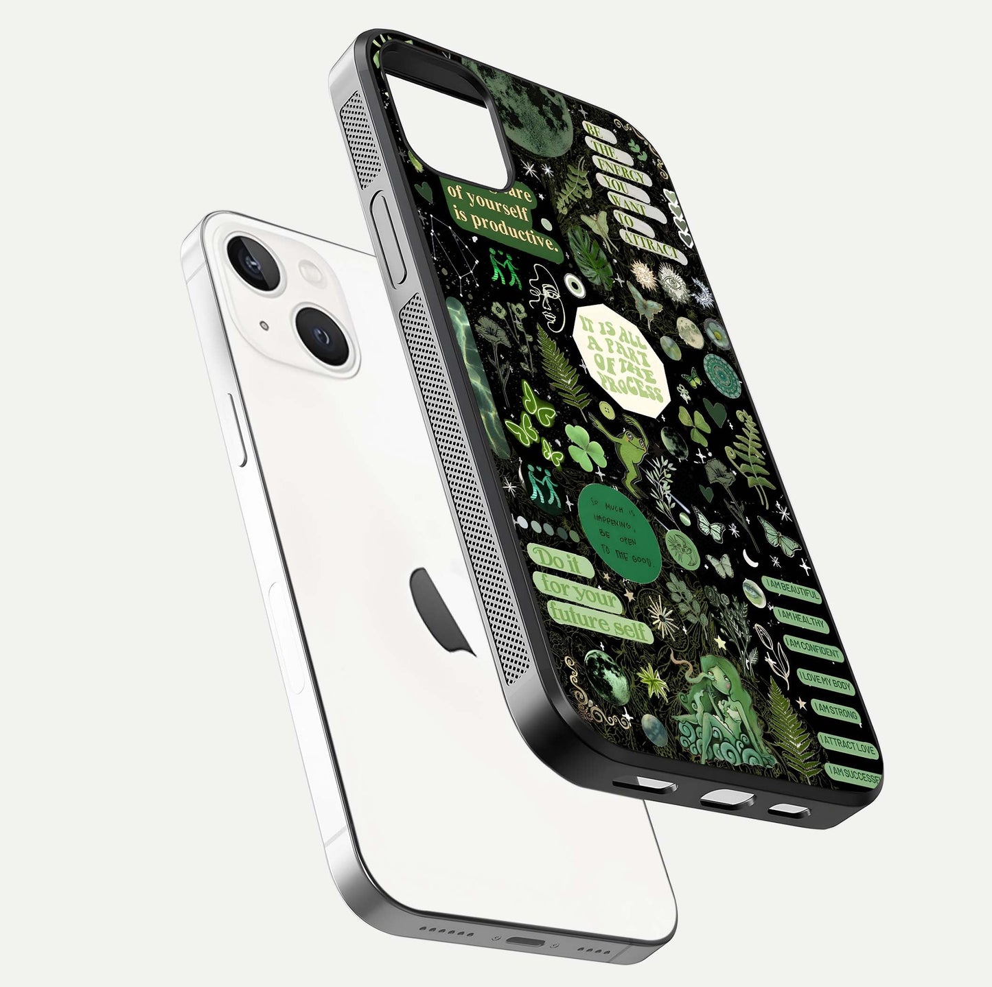 Green Moon Energy Glass Case for iPhone 14 Plus floating dual-view mockup showing glossy texture and energy aura
