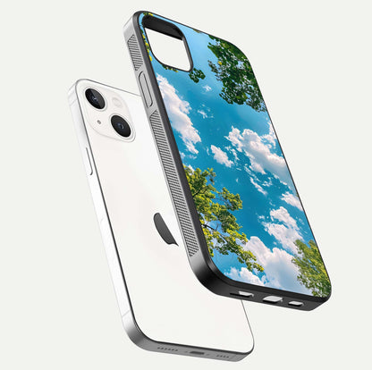Greenery Sky Glass Case for iPhone 14 Plus floating dual-view mockup showing glossy shine and soft natural tones