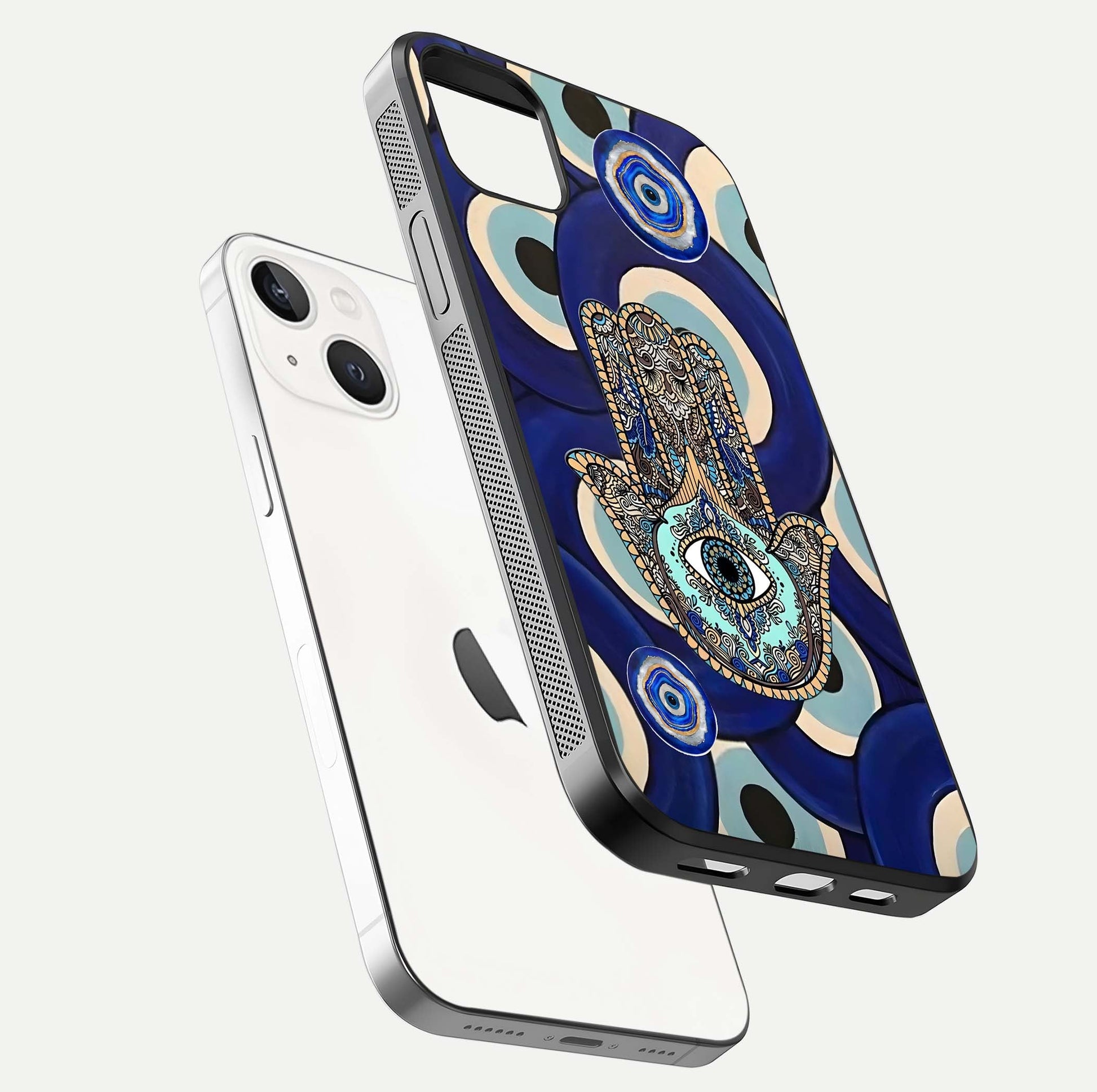 Hamsa Divine Guard Glass Case for iPhone 14 Plus floating dual-view mockup showing gloss shine and mystical pattern