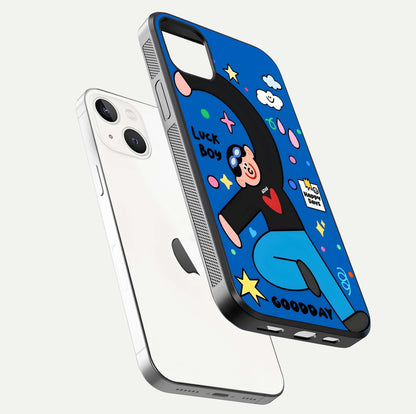 Happy Luck Vibe Glass Case for iPhone 14 Plus floating dual-view mockup showing glossy tone and bright finish