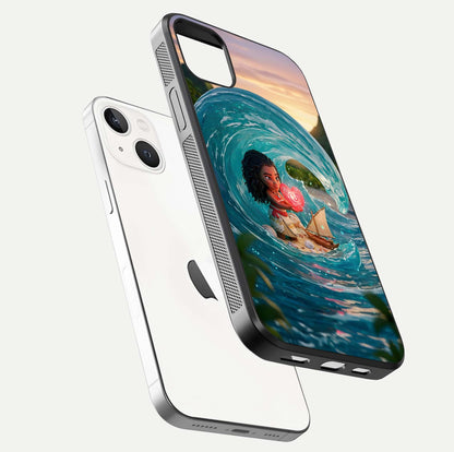 Heart of Ocean Glass Case for iPhone 14 Plus floating dual-view mockup showing gloss surface and aquatic design