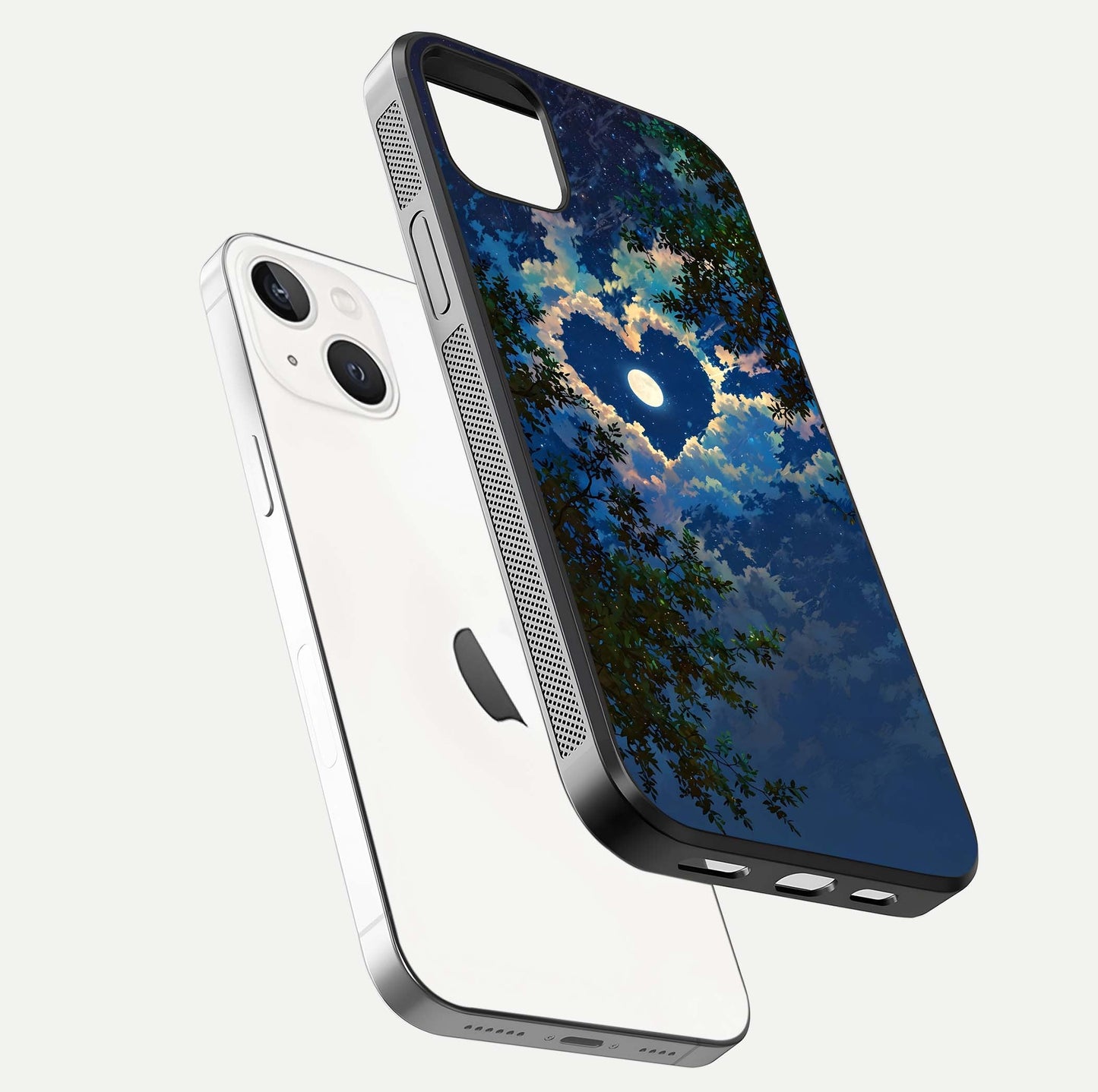 Heart with Moon Sky Glass Case for iPhone 14 Plus floating dual-view mockup showing gloss texture and romantic sky glow