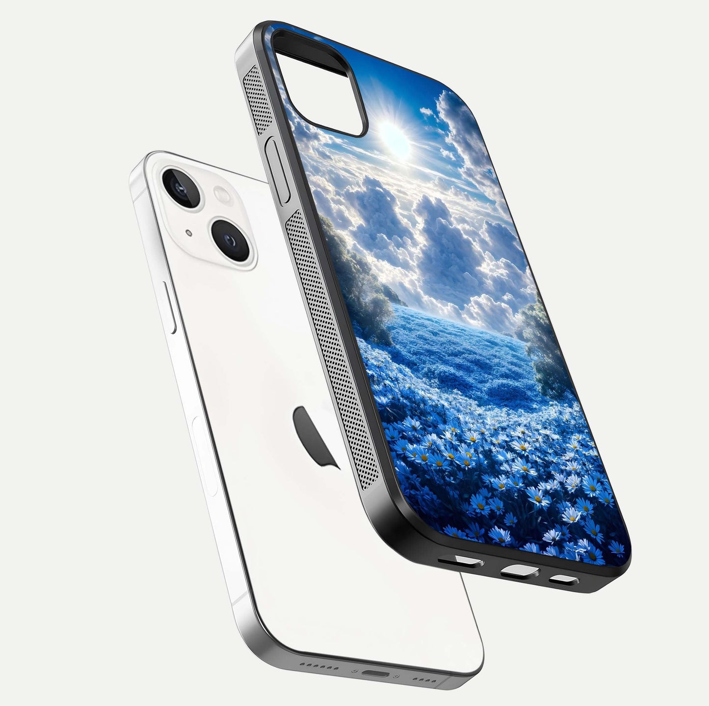 Heavenly Daisy Horizon Glass Case for iPhone 14 Plus floating dual-view mockup showing gloss polish and soft pastel background