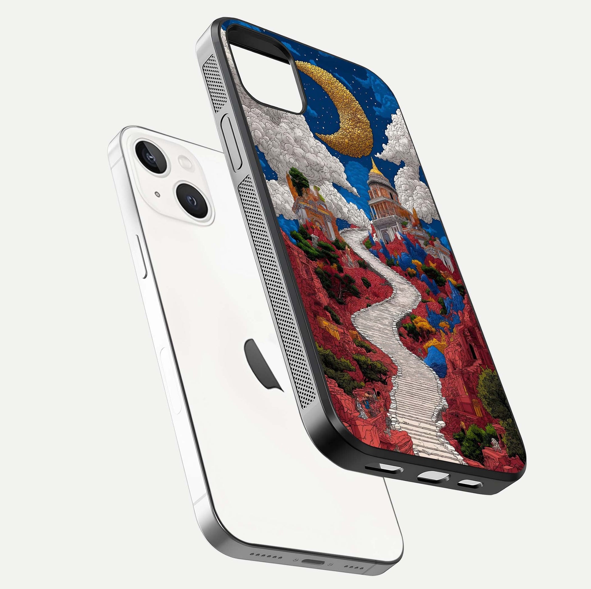 Heavenly Moon Path Glass Case for iPhone 14 Plus floating dual-view mockup showing gloss surface and celestial pathway