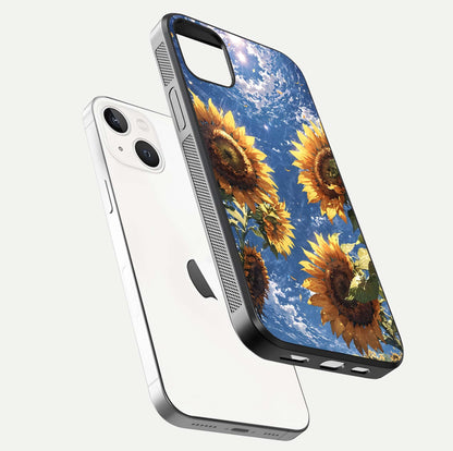 Heavenly Sunflower Rise Glass Case for iPhone 14 Plus floating dual-view mockup showing gloss brightness and morning-light feel