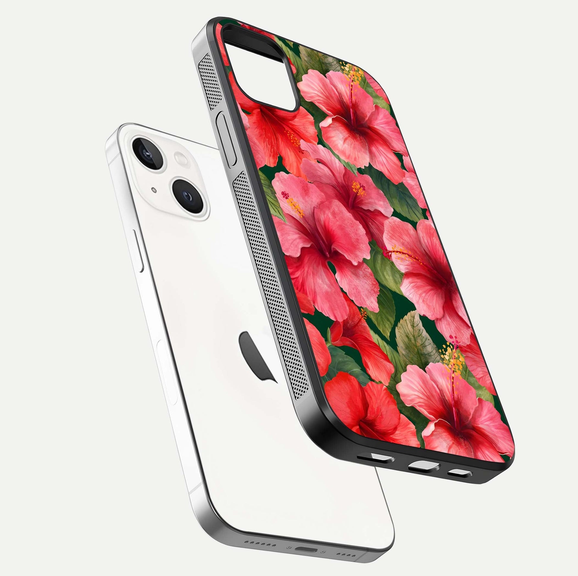 Hibiscus Pattern Glass Case for iPhone 14 Plus floating dual-view mockup showing glossy texture and vivid color depth