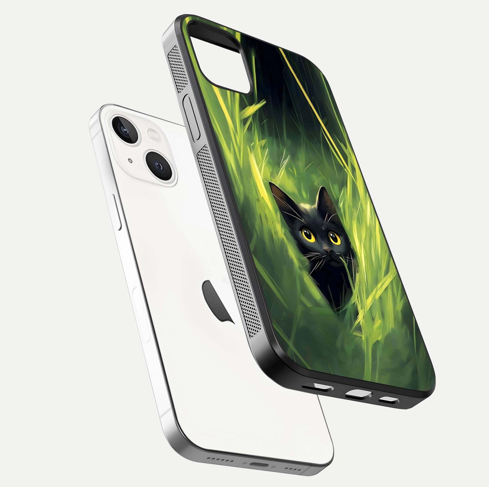 Hidden Cat Whisper Glass Case for iPhone 14 Plus floating dual-view mockup showing glossy tone and elegant cat silhouette