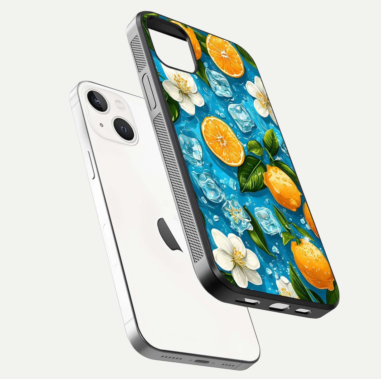 Ice Cube With Orange Glass Case for iPhone 14 Plus floating dual-view mockup showing glossy shine and cool refreshing tone