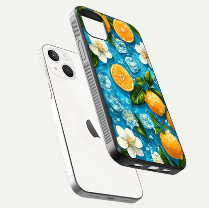 Ice Cube With Orange Glass Case for iPhone 14 Plus floating dual-view mockup showing glossy shine and cool refreshing tone
