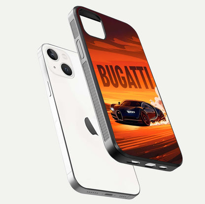 Inferno Bugatti Storm Glass Case for iPhone 14 Plus floating dual-view mockup showing gloss surface and racing energy