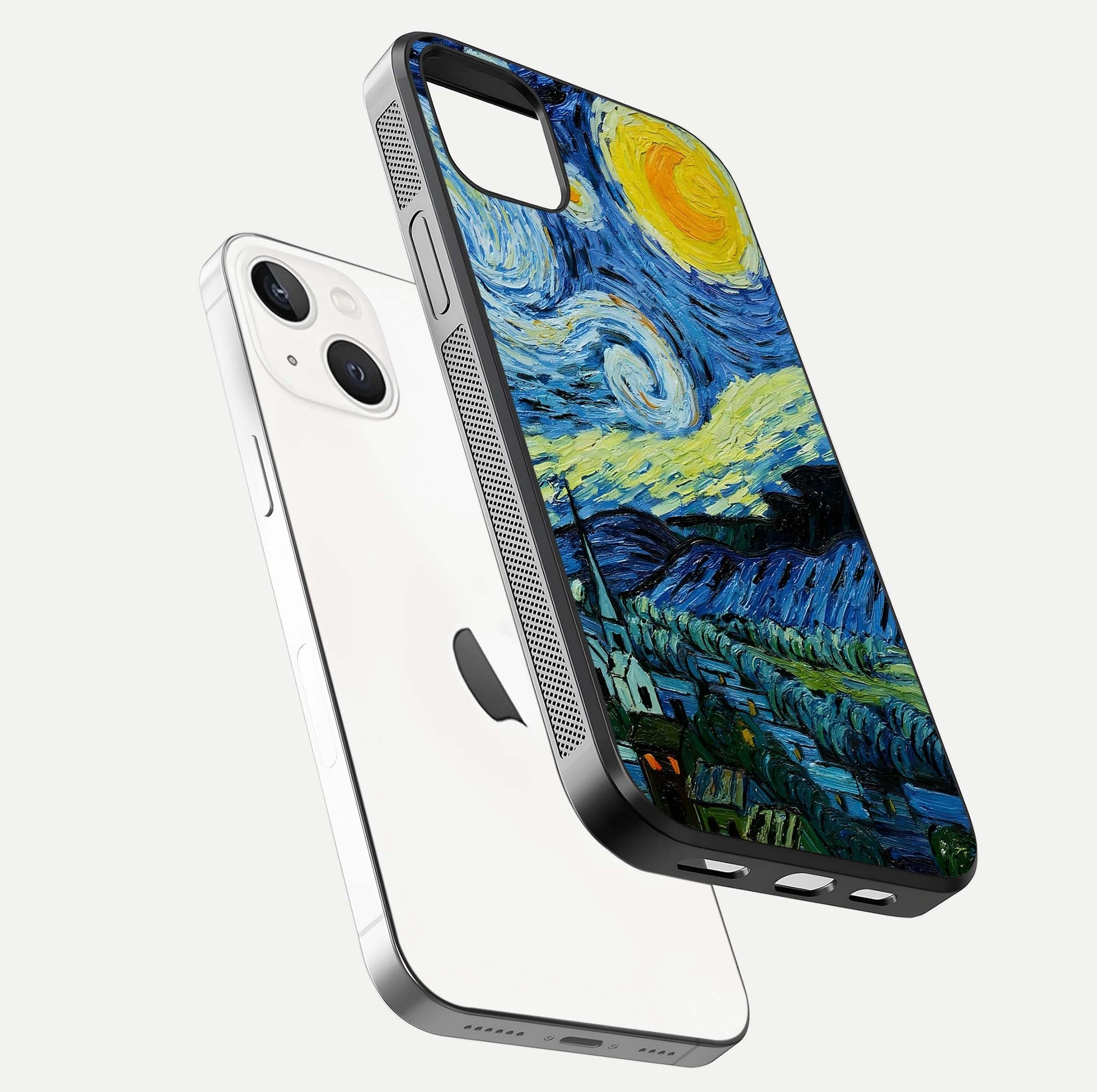 Inspired Van Gogh Art Glass Case for iPhone 14 Plus floating dual-view mockup showing gloss depth and artistic reflection