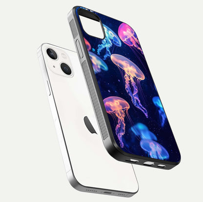 Jellyfish Pattern Glass Case for iPhone 14 Plus floating dual-view mockup showing gloss texture and oceanic depth