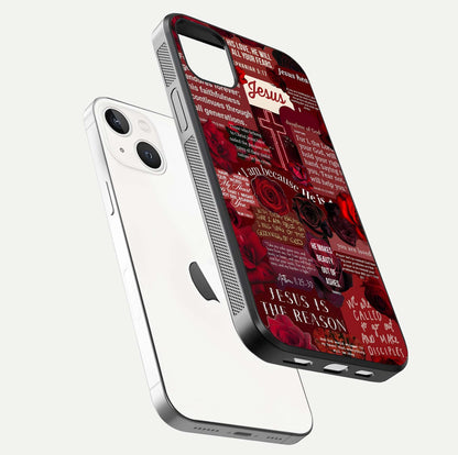 Jesus Love Heals Glass Case for iPhone 14 Plus floating dual-view mockup showing glossy shine and faith-inspired art